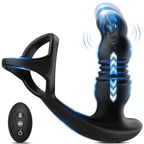 Male Anal Toys Cock Ring Sex Toys Vibrators with Remote Control, 7 Vibration & 3 Thrusting Modes Toys4mens UK Prostate Massaging Anal Plug Wireless Toys4couples Men & Women Penis Ring Vibrator, Black