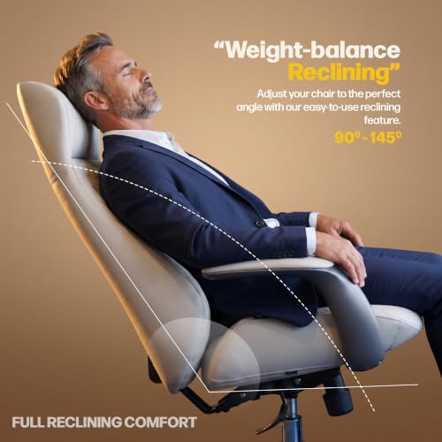 Image of DROGO Levante Ergonomic Office Chair for Work from Home with Bionic Curve Design | High Back Executive Boss Chair, Double Padded Armrest, Genuine Vegan Leather, Heavy Metal Base, 145 Recline (Beige)
