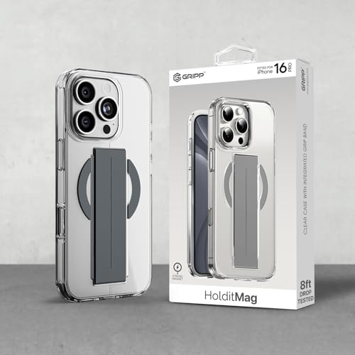 Image of GRIPP Holdit Case Compatible with Mag-Safe for iPhone 16 Pro | 8ft Drop-Tested with D30 Technology, Integrated Flexible Grip Band, Scratch Resistant, Shockproof, Lightweight Back Cover - Grey