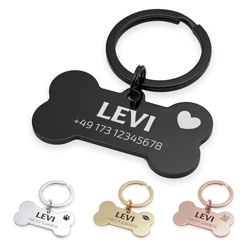 FELLSOCKE Hundemarke mit Gravur aus Edelstahl, Individuell gravierbar, Robuste Tiermarke, Dogtag Anhänger Hunde, Pferde, Katzen & Welpen (Glänzend, Schwarz, 40x21mm)
