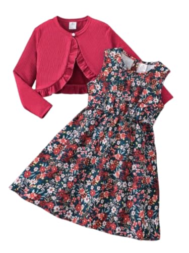 Image of Girl's Cotton Jacket Pair Floral Printed Sleeveless Dress