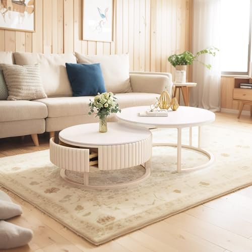 Ronde Table Basse Moderne Lot De 2 Blanche Avec Rangement - Table Gigogne Marbre Avec Tiroir Et Cadre Métallique Pour Salon, Chambre, Bureau