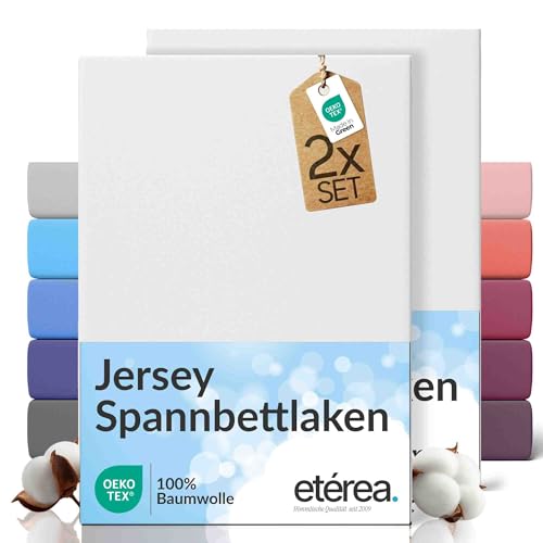 etérea Jersey 2er Set Spannbettlaken 80x200cm Weiss bis 20 cm Höhe - 100% Baumwolle Spannbetttuch Oekotex - Kinder Spannbettlaken Bed Sheets - Doppelpack Bettlaken 80x200 cm - White