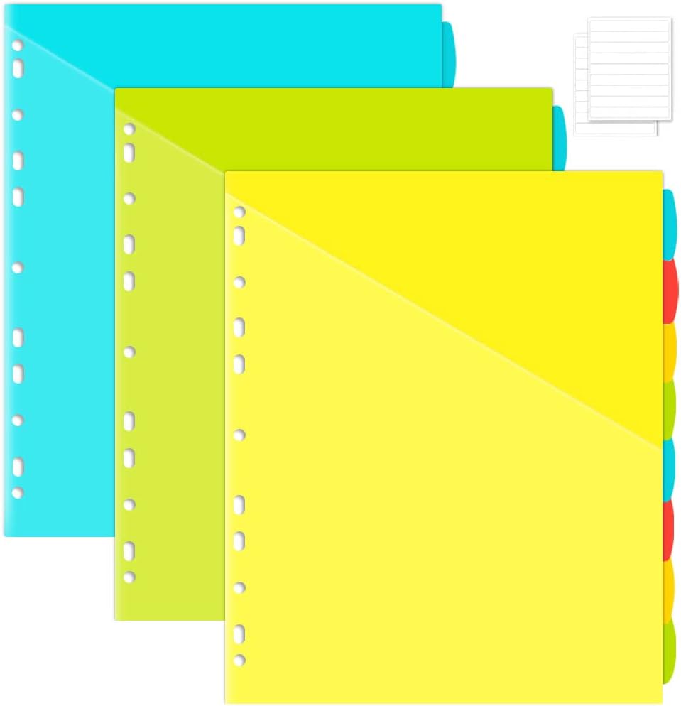 JISUSU 8-Tab Plastic Binder Dividers with Front Pockets - 3 Sets, 24 pcs Multicolor Pocket dividers for 3-Ring Binders, dividers with tabs