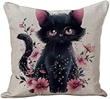 WallustrioaW Kit de Coussin à Broder au Point de Croix Chat noir avec des petites fleurs,Kit de broderie au point de croix estampillé,DIY Kit de Coussin à Broder 45x45cm