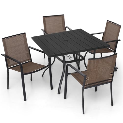 5 Piece Outdoor Patio Table and Chairs with 37″ Plastic Square Dining Table and Brown Sling Back Stackable Chairs