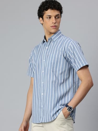 Image of Majestic Man Men's Pure Cotton Striped Half Sleeve Slim Fit Casual Shirt for Men