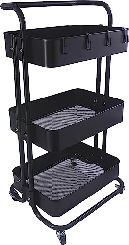 lamde 3-Tier Metal Rolling Utility Cart with Handle, Utility Organizer Cart-Multi-Functional Storage Trolley for Office, Living Room, Kitchen, Movable Storage Carts with Wheels (C-black)