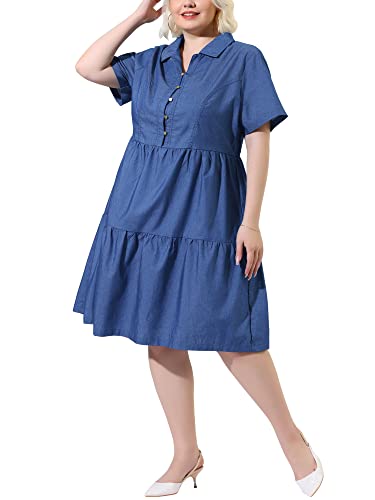 Image of Agnes Orinda Plus Size Chambray Dress for Women Short Sleeve Button Down Flowy Tiered Shirt Dresses 1X Light Blue