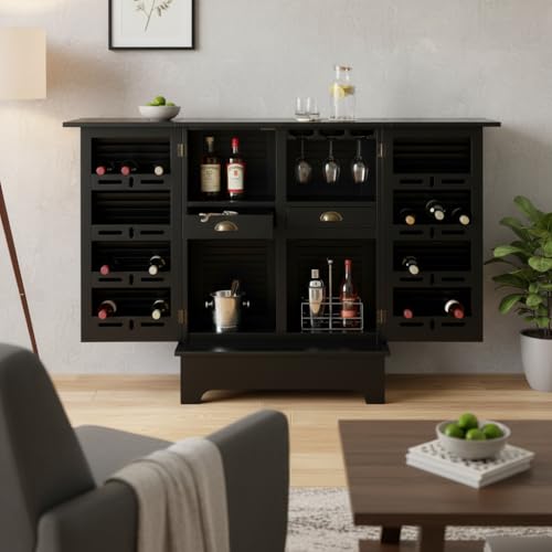 Image of APRODZ Mango Wood Downer Bar Cabinet with Wine Glass Storage for Living Room, Standard Black Finish