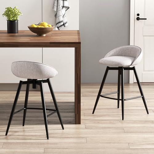 Butacos Giratorios GIANTEX, Juego de 2, Altura de Barra 25", con Reposapiés, Espalda Baja y Estructura de Metal, Tapizados en Tela de Lino para Isla de Cocina, Café y Pub, Gris miniatura 4
