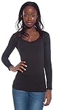 Active Basic Women's Plain Basic Cotton Blend Deep V Neck T Shirt with Long Sleeves,X-Large,Black