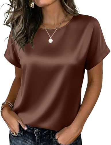 Zeagoo Blouse for Women Business Casual Short Sleeve Satin Tops Summer Vacation Outfit Crewneck Basic Shirts Work Silk Tee Brown