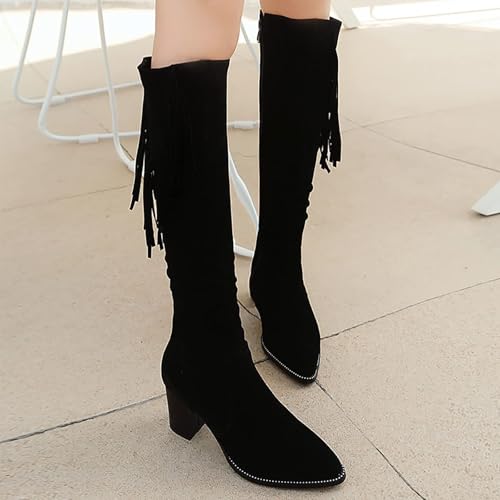 Knee High Boots for Womens Fringe Chunky Block Knee High Heeled Zipper Dressy Boots Tassel Pointed Toe Comfy Riding Boots2