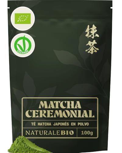 NaturaleBio Té Matcha Ceremonial, 100g. Ecológico, Sin Azúcares Añadidos, ni Convervantes. Producido en Uji, Japón. Té Verde Matcha en Polvo. Para Beber Solo, en Latte o en Recetas.