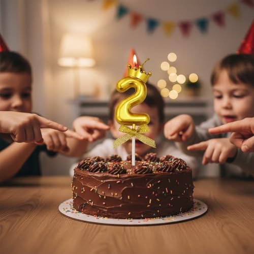 Image of Rozi Decoration Number 2 Birthday Candle for Cake with Crown Design | Gold Metallic Number Candle with Stick | Second Birthday Cake Topper for Baby, Kids and Family Celebration