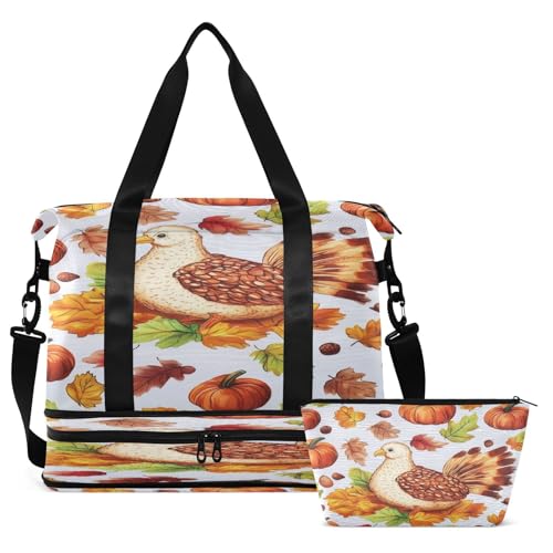 Turkey Maple Leaves Thanksgiving Gym Bag for Women Sport Travel Duffel Bag Shoulder Weekender Overnight Bags with Wet Pocket & Shoe Compartment2
