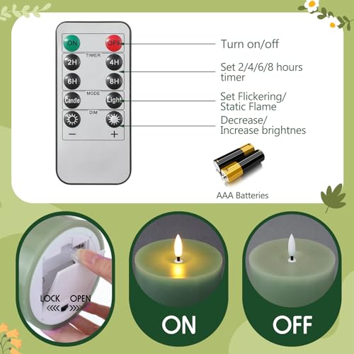 Image of Retisee 3 Pcs Sage Green 6 /8 /12 Inches Flameless LED Candles with Remote and 2 /4 /8h Timer Battery Operated Wax Electric Flickering Pillar Candles for Spring Weddings, Garden Parties Decor