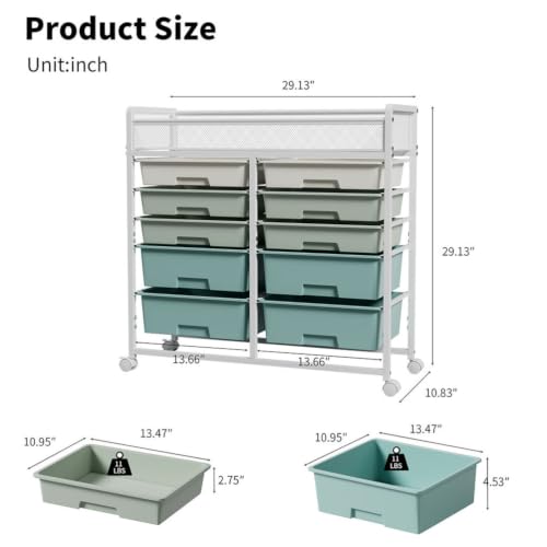 CWKISS 10 Drawer Rolling Storage Cart with Wheels, Mobile Utility Cart with Large Top Basket, Metal Storage Organizer for Classroom, Craft Room, Office, Bathroom, Kitchen & Bedroom, White - Image 2