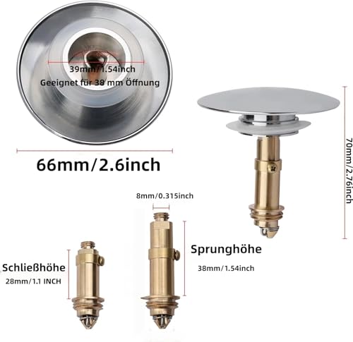 Zhenghebuy Waschbeckenstöpsel,Pop Up Klicken Federablaufgarnitur,Waschbecken-Ablassschraube,Messing Bounce Core Push-Type Drain Plug,Universal Sink Stopper Ersatz für Bad und Küche 66 mm Kappe