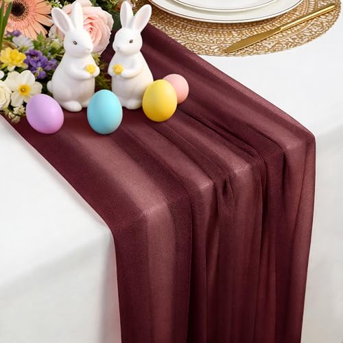 Chemin de Table en Mousseline Rouge Bordeaux, 77 x 300 CM Chemins de Table Doux et Confortable en Mousseline de Soie pour Mariage Bohème,Fête, Baptême,Baby Shower ou...