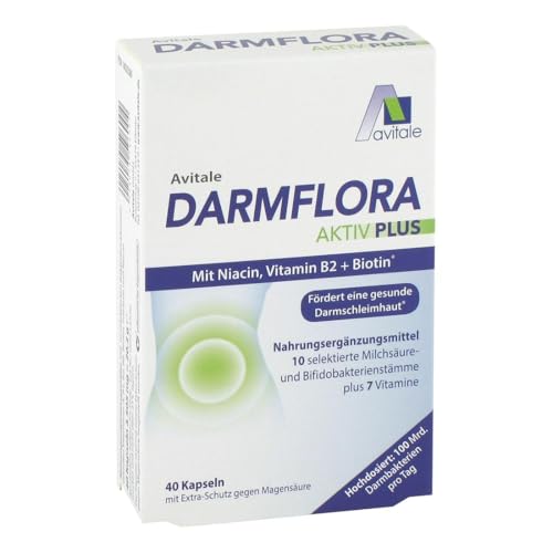 Avitale Darmflora Aktiv Plus mit 100 Mrd. Milchsäure– & Bifidobakterien aus 10 selektierten Stämmen und Vitamin A, B1, B2, B6, Biotin, Folsäure & Niacin, 40 Kapseln