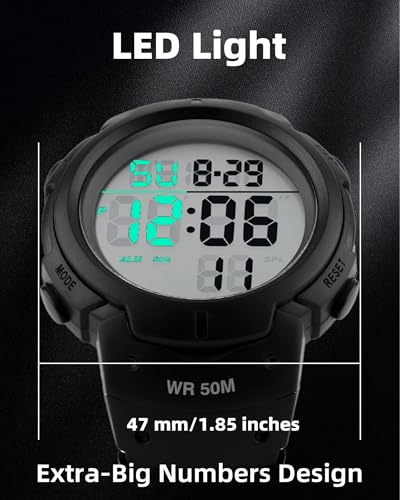 CakCity Men's Digital Sports Watch,50M Water Resistant,50mm Large Face,Stopwatch,Alarm,EL Backlight,Black,Ideal for Sport,Referee,Outdoor Work,Running Training & Daily Wear - Thumbnail 3