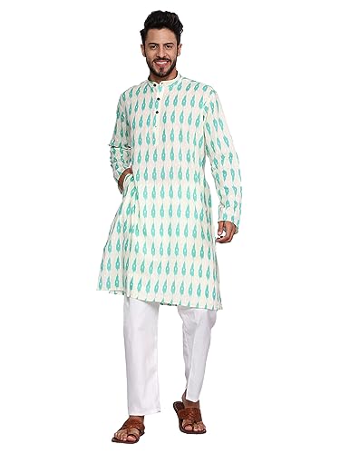 TOSQP27 Mens Pure Cotton Kurta Pajama Set Gift Printed Knee-Length Casual Wear Ethnic Long Sleeve Top for Wedding Festival4