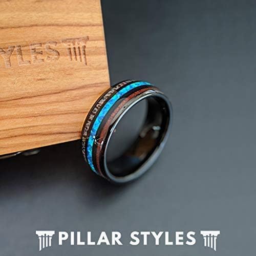 Black Opal Ring Mens Wedding Band with Deer Antler, Blue Opal, and Koa Wood Inlay 8mm Nature Ring, Tungsten and Wood Rings for Men