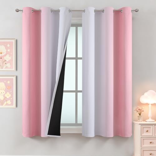 Image of Estelar Textiler Pink and Greyish White Ombre Blackout Curtains 63 Inches Long for Kids /Girls Bedroom, Room Darkening Thermal Insulated Grommet Window Drapes for Living Room /Nursery, 42Wx63L, 2 Panels