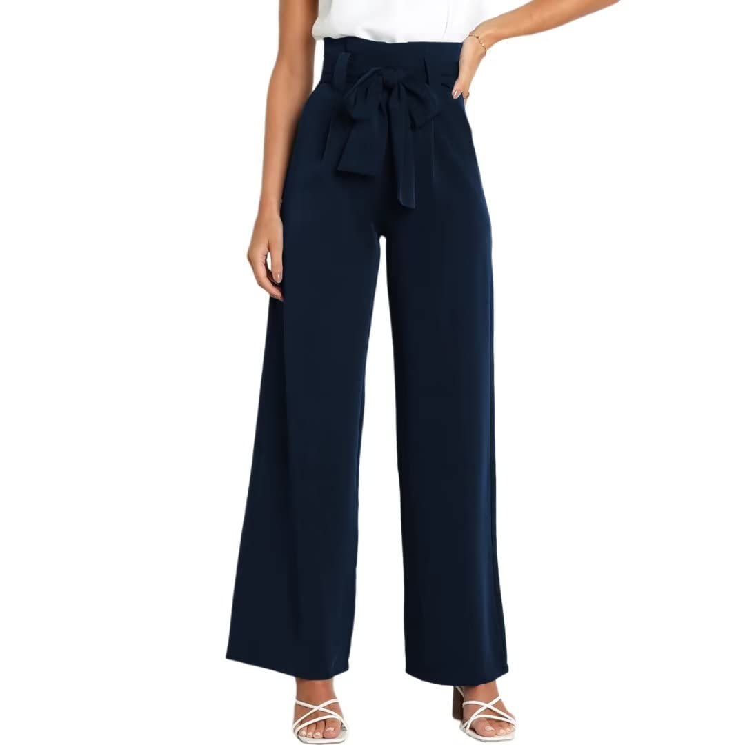 Womens High Waist Wide Leg Pants Elastic Waistband Belly Control Office Pants with Pockets for Work Casual Navy