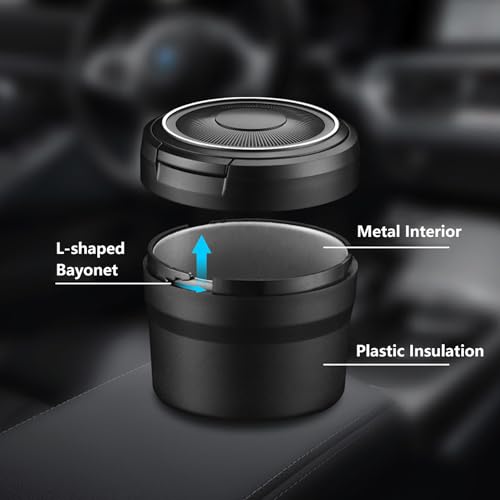 Image of Car Ashtray with Lid Smell Proof, Covered Ashtray for Cap, LED Light Indicator, Portable, Detachable, Black+Gray