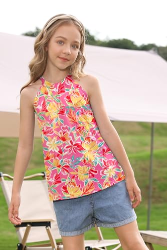 Image of BesserBay Girls Summer Back Button Halter Neck Tank Top Cold Shoulder Casual Blouse Pleated Sleeveless Shirts 5-14 Years