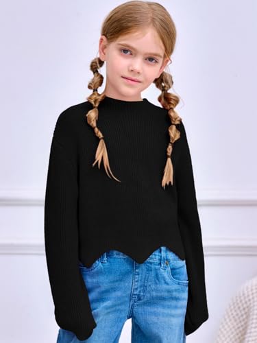 Image of Haloumoning Girls Mock Neck Sweaters Kids Fall Fashion Long Batwing Sleeve Rib Knit Pullover Clothes 5-14 Years