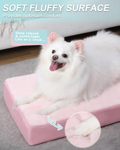 Image of KSIIA Orthopedic Dog Bed for Small Dogs with Waterproof Lining, Pink, 23x17 | Deluxe Soft Plush Dog Crate Bed, Washable Pet Mat with Removable Cover & Egg Crate Foam for Small Dogs Sleeping & Relaxing