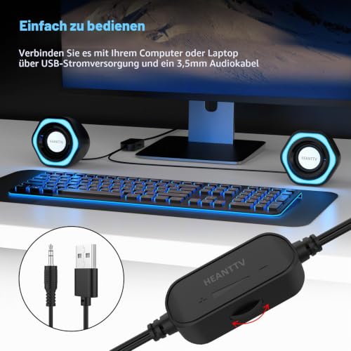 HEANTTV Computer-Lautsprecher, Mini Stereo USB Powered 3.5mm AUX-in Portable für PC, Laptop...