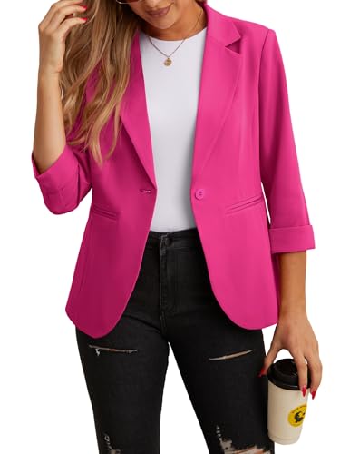GRECERELLE Womens Blazers Lightweight 3/4 Sleeve Lapel Open Front Casual Suit Jacket Work Blazer with Pockets Hot Pink