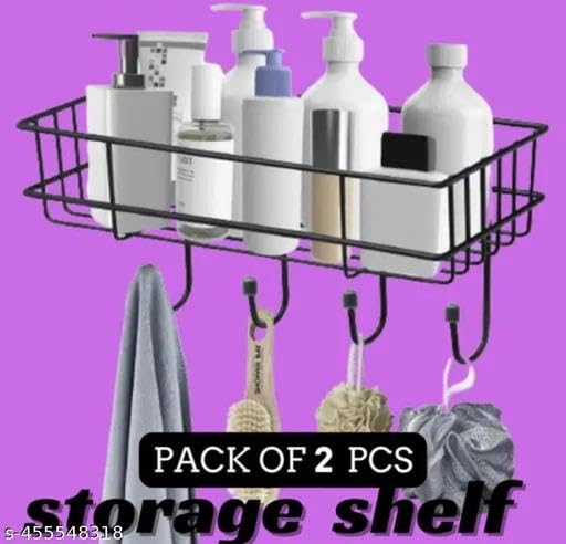 (Pack of 2) Steel Self-Adhesive Multipurpose Bathroom Shelf with Hooks/Towel Holder/Rack/Bathroom Accessories-Wall Mount - Pack of 2 (Black,Powder Coated) 3