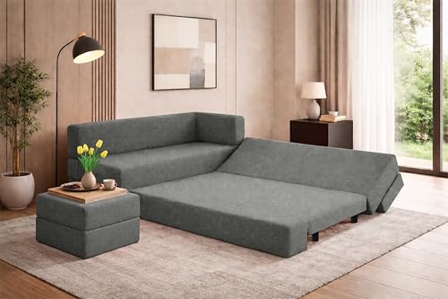 Image of Leg Sofa Cum Bed with Ottoman | Jute Fabric | Multipurpose Folding 3 Seater Sofa Bed 5x6 Ft for Living Room | Space Saving Furniture | Modern Design - Grey