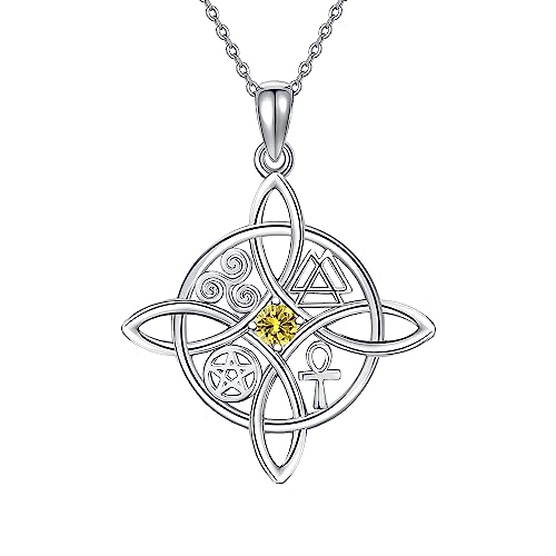 HUKKUN Collar de nudo de bruja, plata de ley, collar con colgante de piedra natal, nudo celta, regalo para mujer, Plata esterlina