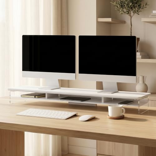 Image of Fenge 42.5 inch Dual Monitor Stand with Clear Acrylic Legs, White | Clear acrylic, storage compartment, 2-tier home office monitor riser, wide large desktop shelf fit monitor /laptop /printer