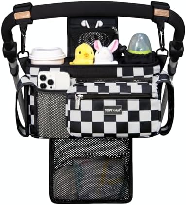 TOPDesign Universal Baby Stroller Organizer, Stroller Caddy with Detachable Mesh Bag & Heightened Insulated Cup Holders & Non-Slip Secure Hooks Accessories, Fits Most Strollers (Checkerboard)