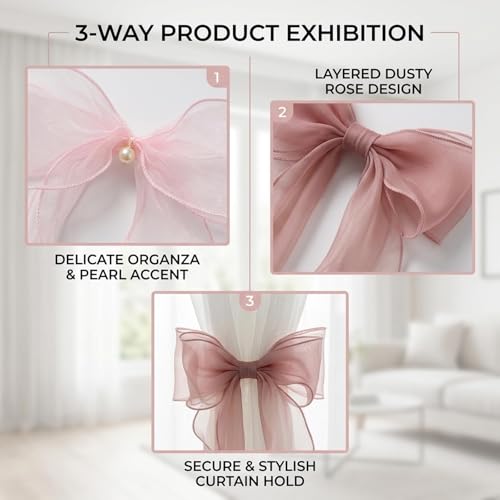 4PCS 12inch Bow Curtain Tiebacks,Lace Curtain Tiebacks with Pink Mermaid Bow Ties and Sheer Pink Tulle, Elegant Window Treatment Accessories for Home Decor - Thumbnail 3
