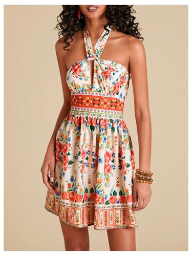 Image of Floerns Women's Floral Print Sleeveless Halter Neck Tie Back Summer A Line Dress