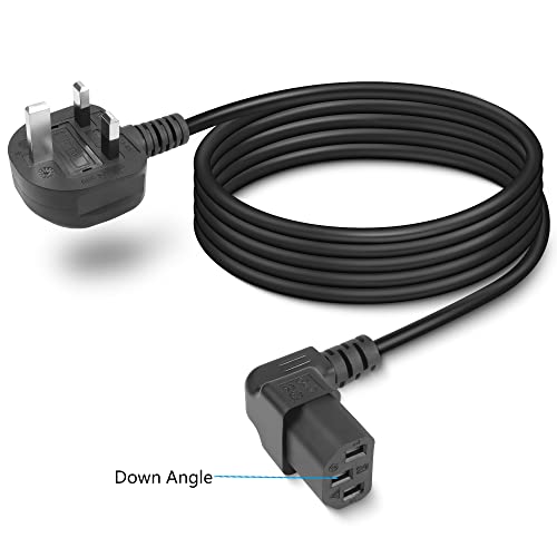 GELRHONR UK 90 Degree C13 Power Cable,250V 10A 3 Pin Mains to Down Angle IEC AC Power Cord for Computer,Monitor,TV, Kettle lead 1.5M Black