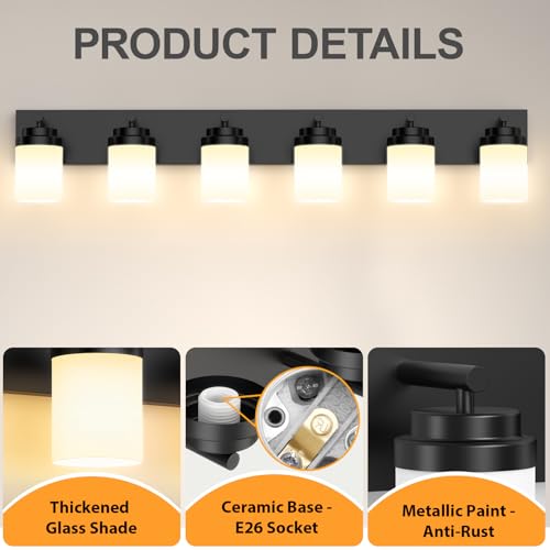 Image of IZORRO Bathroom Vanity Light Fixture, 6-Light 46 Inch Matte Black Bathroom Light Fixtures Over Mirror, with White Glass Shade, Modern Farmhouse Vanity Lights, Rustic Restroom Lighting Fixtures
