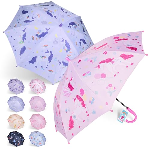 2 Pack Kids Umbrellas Toddler Umbrella for Girls Age 3-10 with Larger 35 Arc Perfect Size Windproof and UV/Sun Protection with Easy-Grip Hook Handle Unicorn Pink and Purple