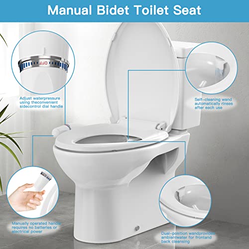 Bidet Toilet Seat, Elongated Non-Electric Bidet Attachment for Toilet with Self-Cleaning Nozzles, Slow Close Toilet Seat,Quick-Release Easy DIY Installation, Feminine Cleaning | 19" White Quiet-Close