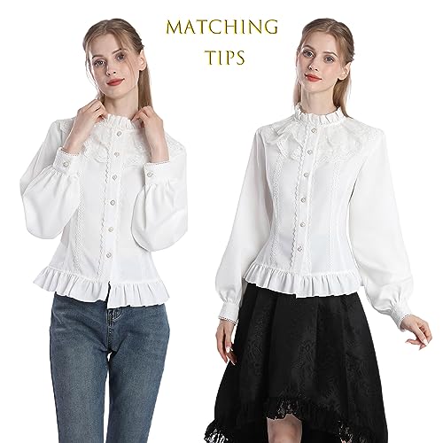 CR ROLECOS Women Victorian Blouse High Collar Lace Ruffled Shirt Tops4
