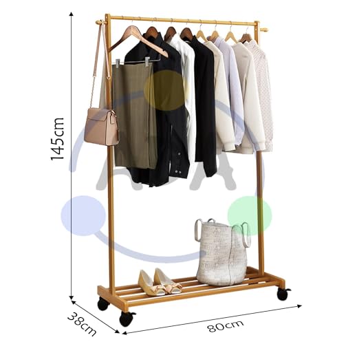 Image of ADA Premium Bamboo Garment Rack with Hanging Rail & Side Hooks, Multipurpose Coat Hanger Stand for Clothes, Jackets, Bags & Umbrellas, Heavy Duty Clothing Organizer for Bedroom & Entryway - Beige